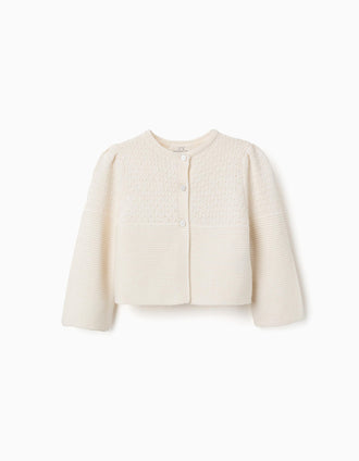 Cotton cardigan in link stitch B&S for baby girls, light beige