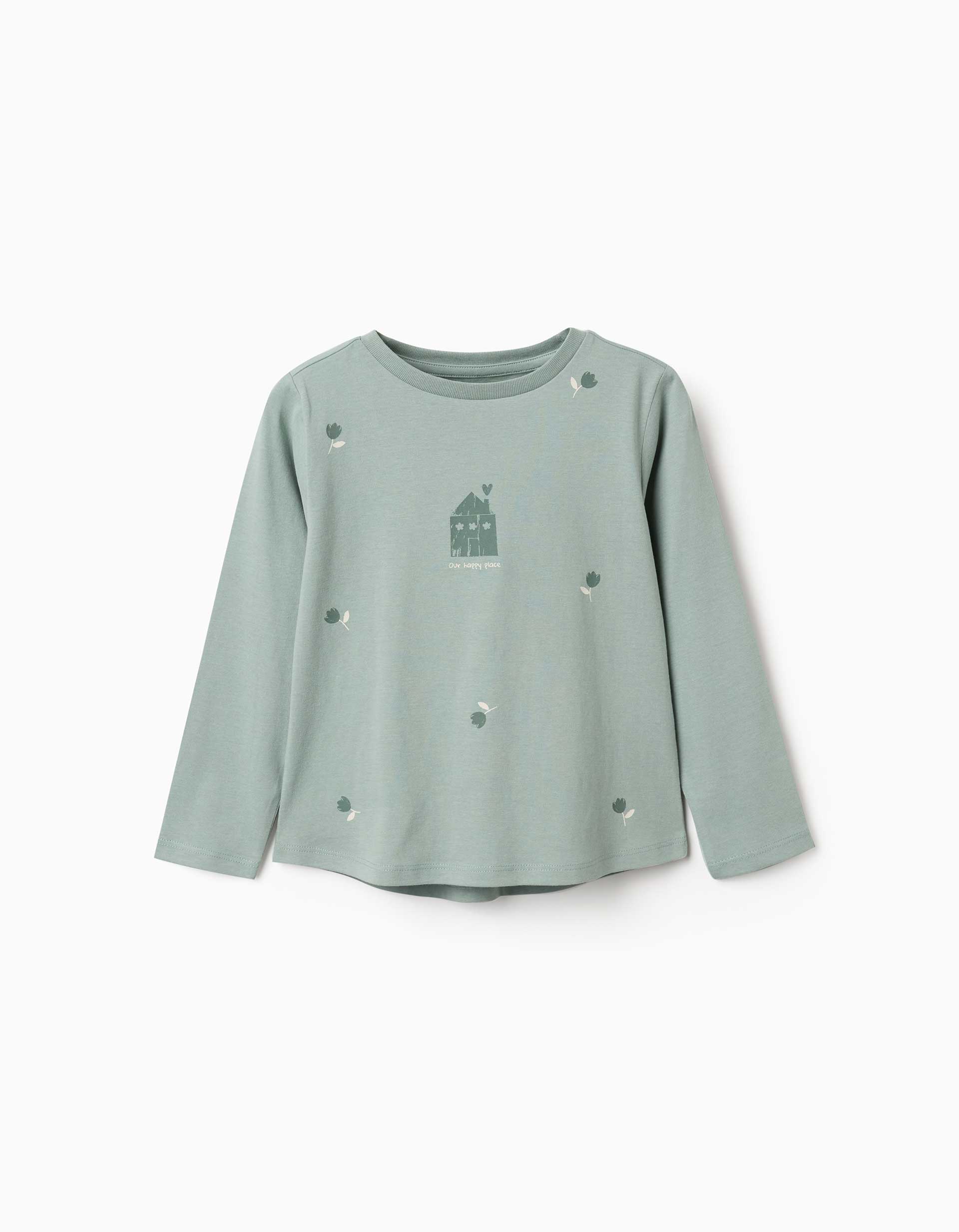 Camiseta de manga larga de algodón con estampado de casa para niña, verde