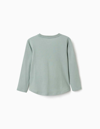 Camiseta de manga larga de algodón con estampado de casa para niña, verde