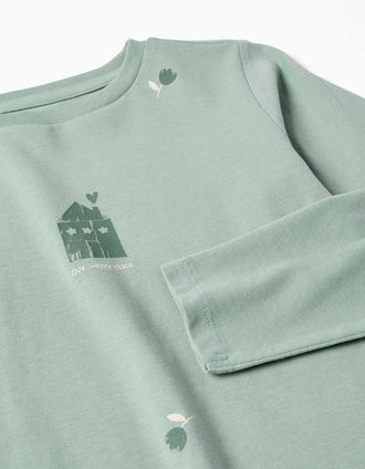 Camiseta de manga larga de algodón con estampado de casa para niña, verde
