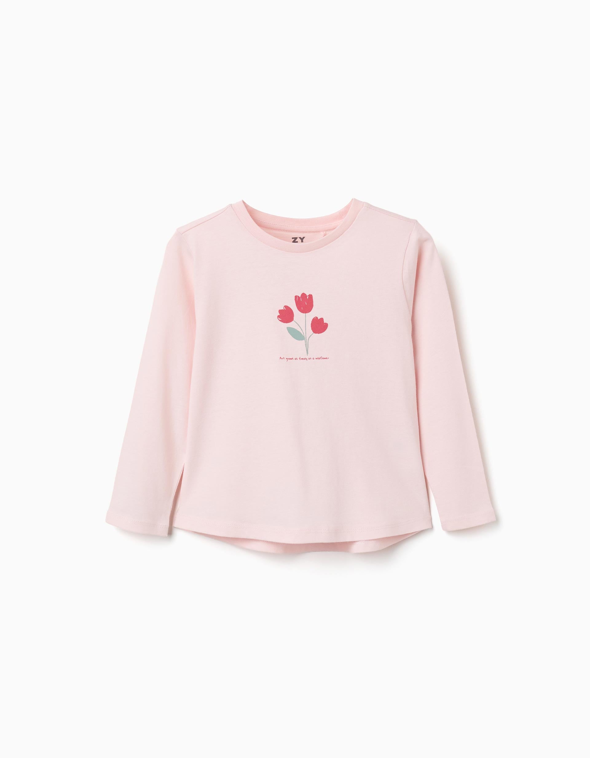 Camiseta de manga larga de algodón con estampado de flores para niña, rosa