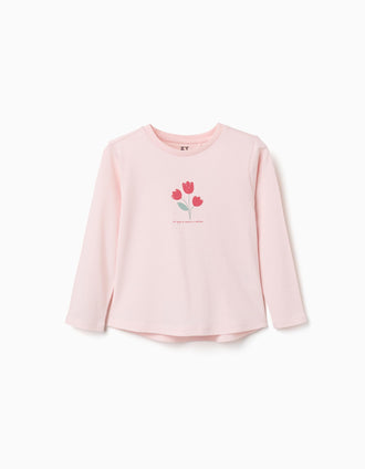 Camiseta de manga larga de algodón con estampado de flores para niña, rosa