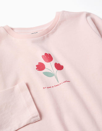 Camiseta de manga larga de algodón con estampado de flores para niña, rosa
