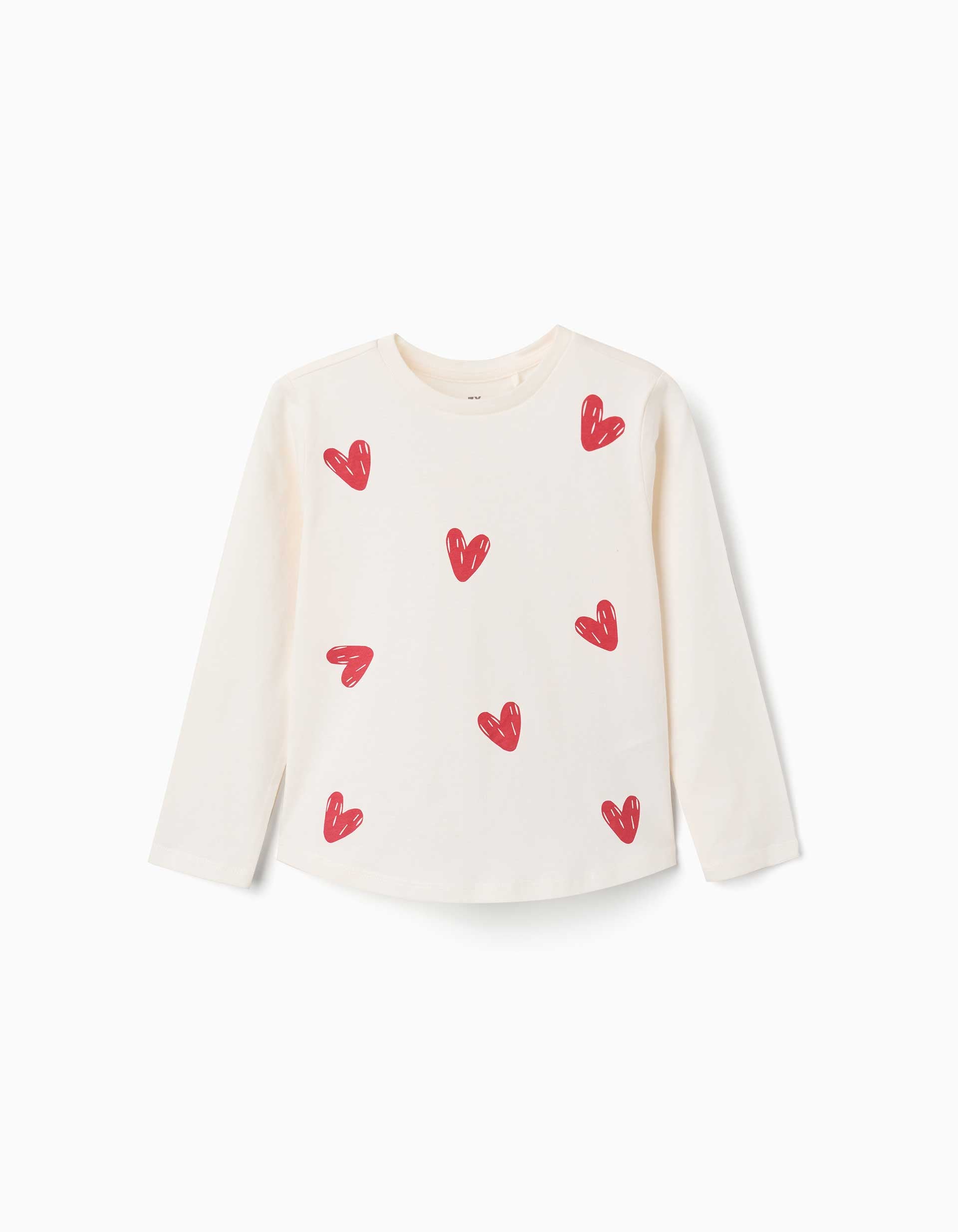 T-shirt de manga comprida com corações para menina, branco/vermelho