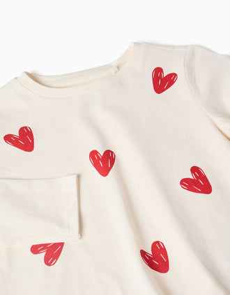T-shirt de manga comprida com corações para menina, branco/vermelho