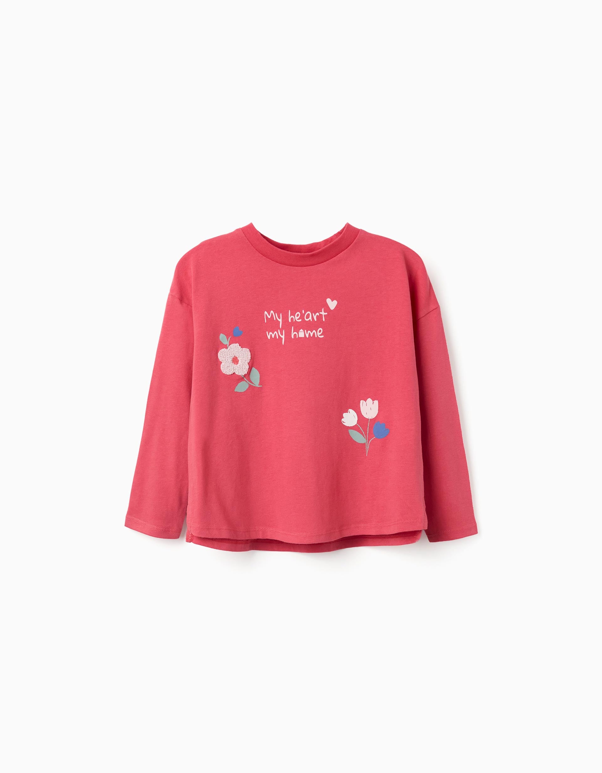 Long sleeve cotton T-shirt with flowers print for girls, red