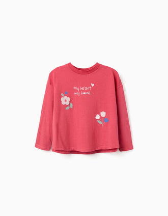 Long sleeve cotton T-shirt with flowers print for girls, red