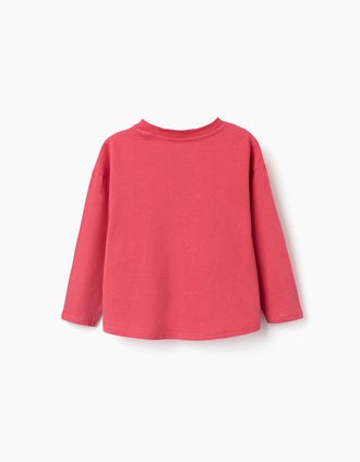 Long sleeve cotton T-shirt with flowers print for girls, red