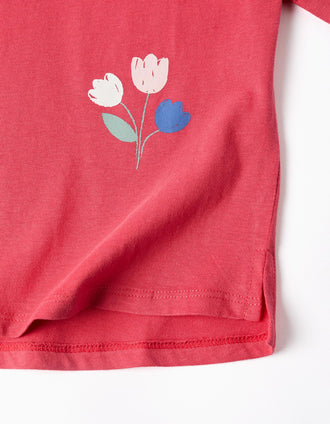 Long sleeve cotton T-shirt with flowers print for girls, red