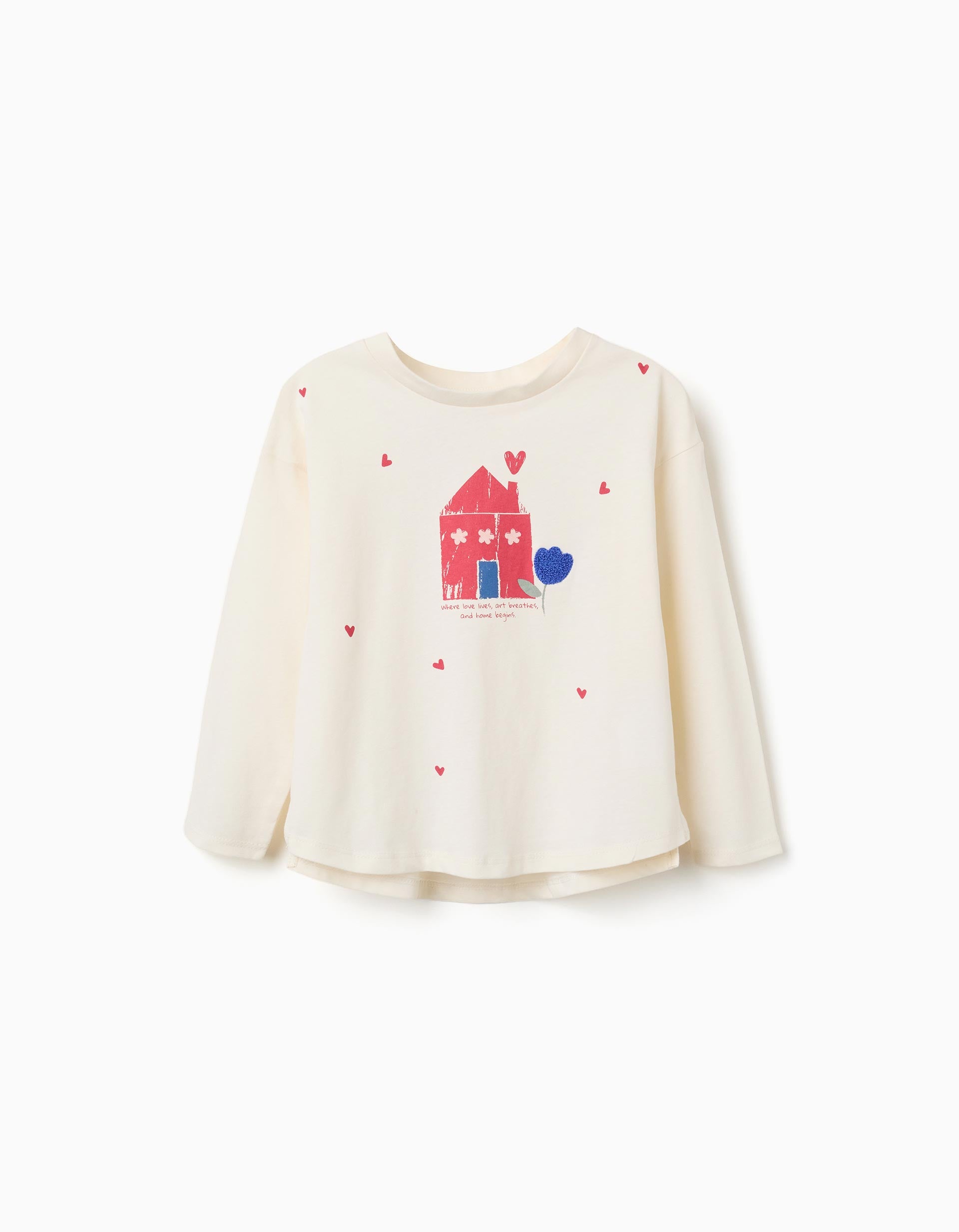 Long sleeve cotton T-shirt with house print for girls, white