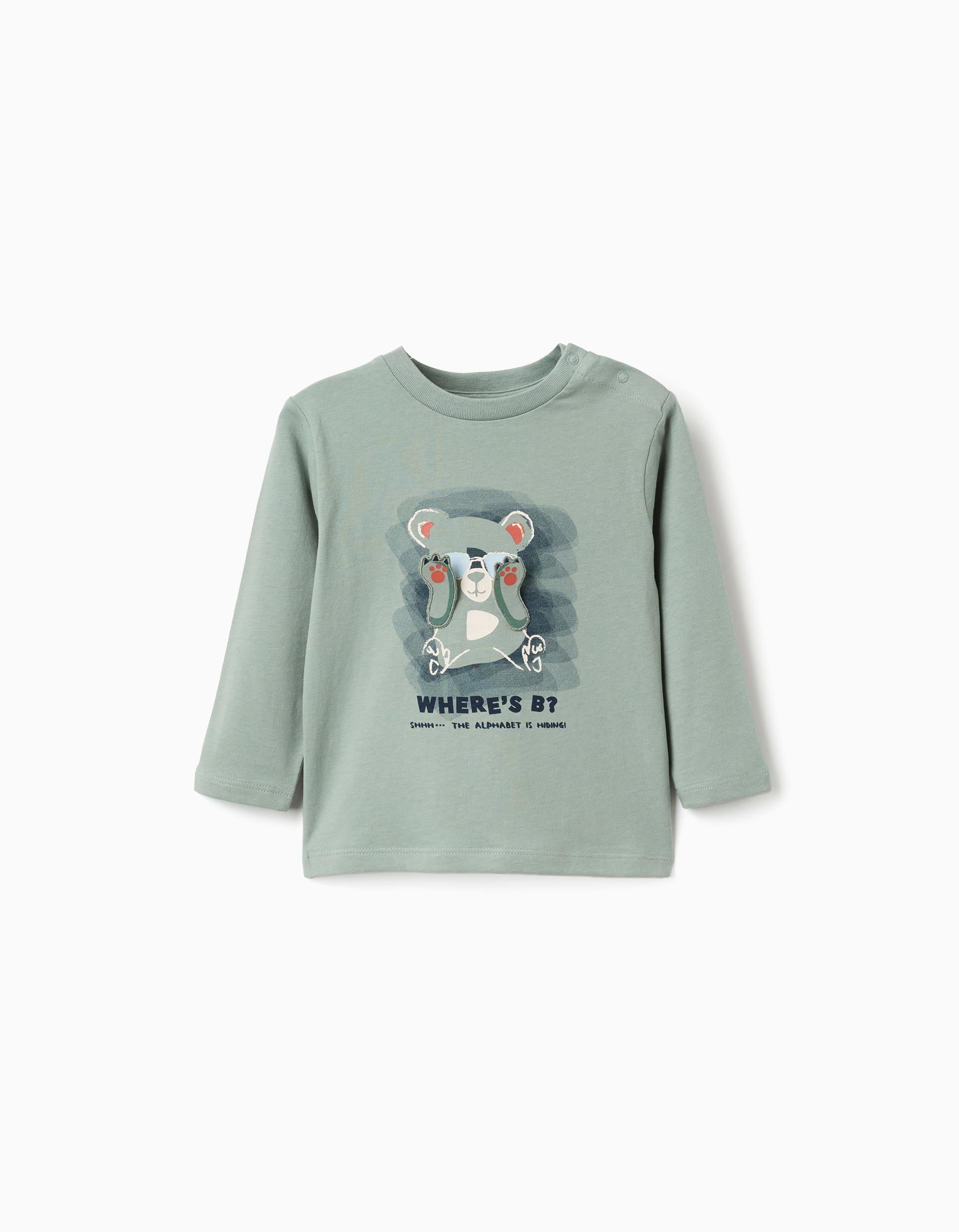 T-shirt de manga comprida com urso estampado para bebé menino, verde-claro