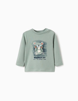 T-shirt de manga comprida com urso estampado para bebé menino, verde-claro