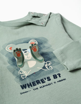 T-shirt de manga comprida com urso estampado para bebé menino, verde-claro
