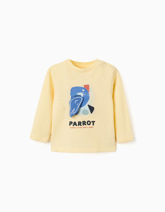 T-shirt de manga comprida com papagaio estampado para bebé menino, amarelo