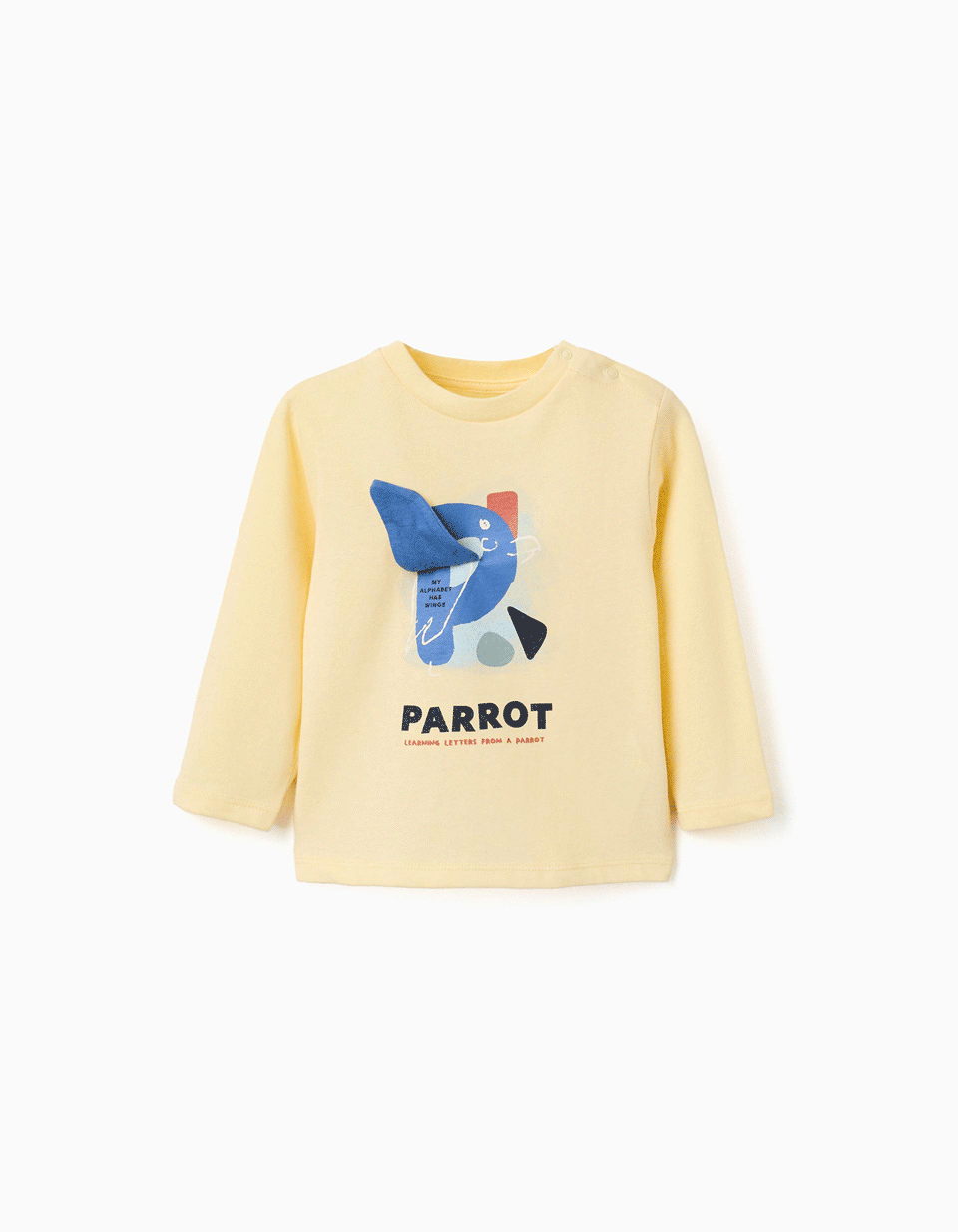 T-shirt de manga comprida com papagaio estampado para bebé menino, amarelo
