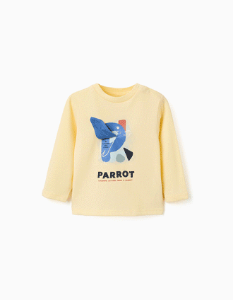 T-shirt de manga comprida com papagaio estampado para bebé menino, amarelo