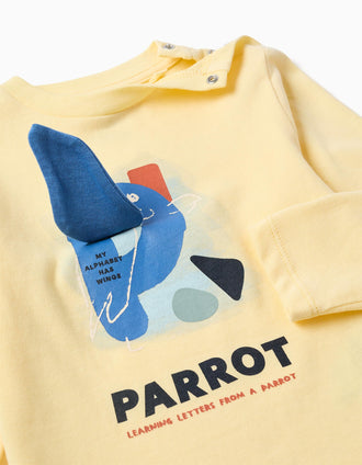 T-shirt de manga comprida com papagaio estampado para bebé menino, amarelo
