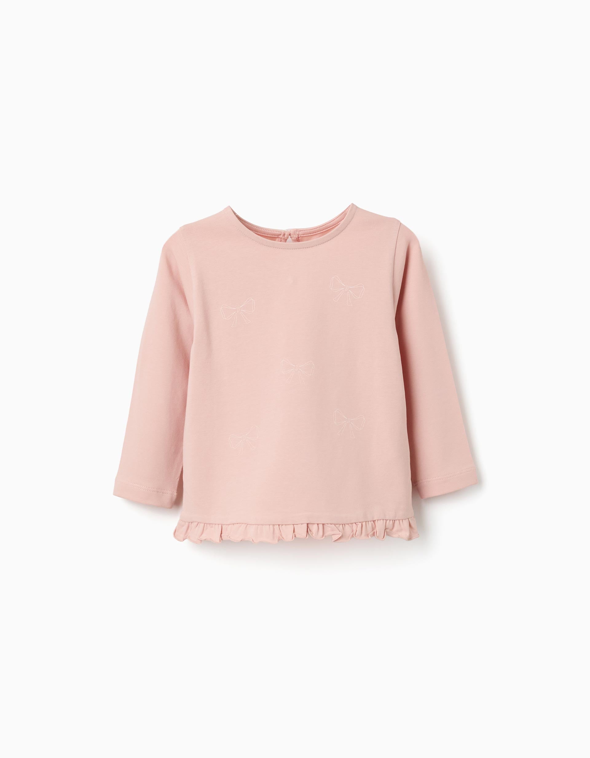Long sleeve cotton T-shirt with ruffled hem for baby girls, light pink