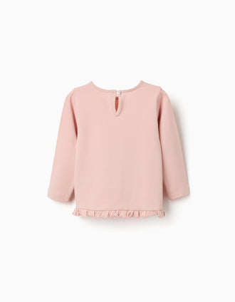 Long sleeve cotton T-shirt with ruffled hem for baby girls, light pink