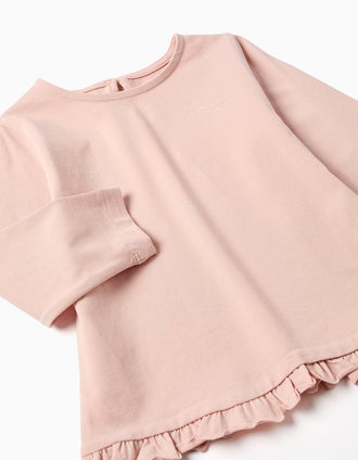 Long sleeve cotton T-shirt with ruffled hem for baby girls, light pink