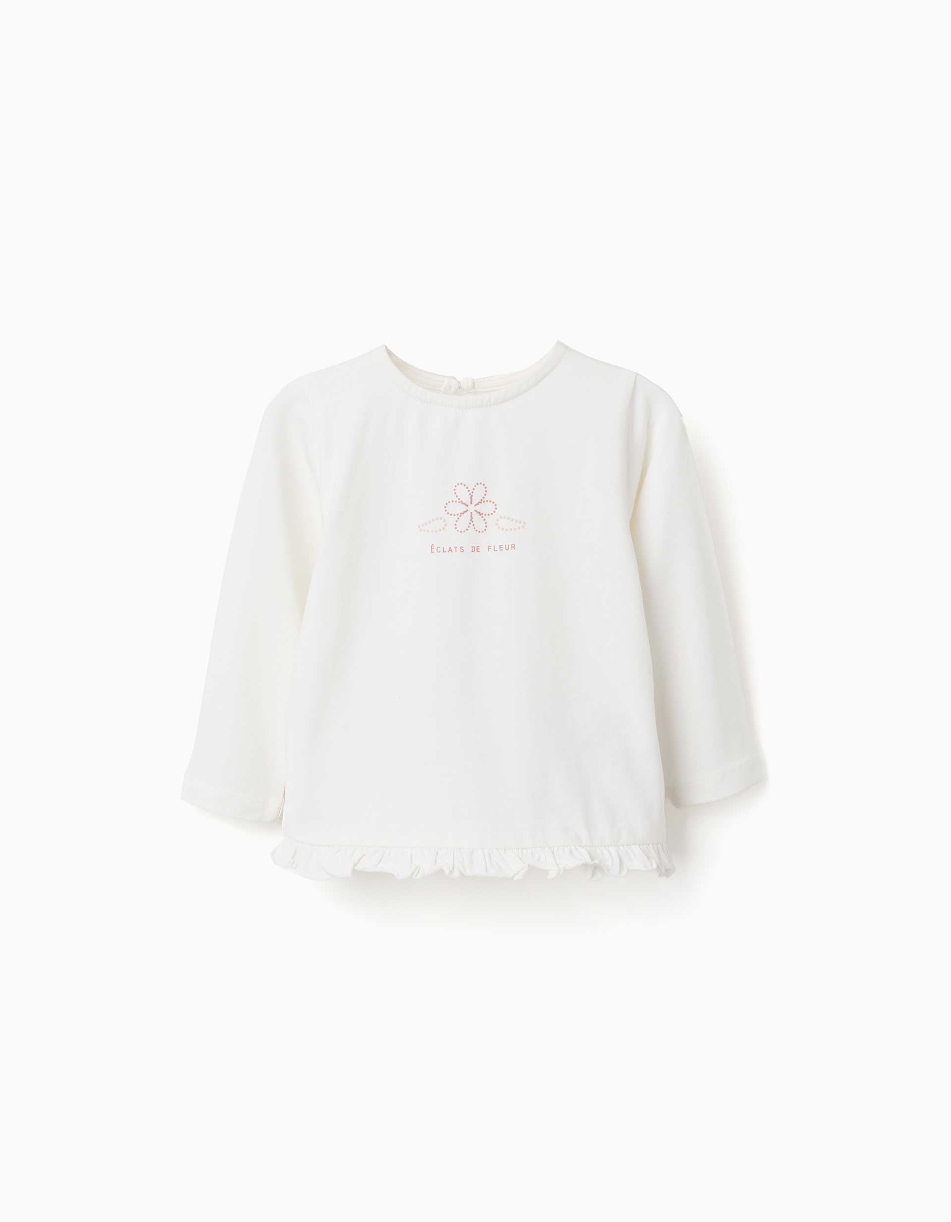 T-shirt en coton à manches longues et ourlet volanté pour bébé fille, blanc