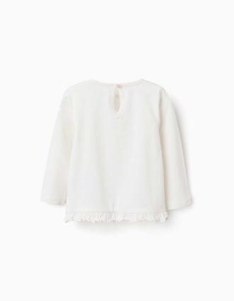 T-shirt en coton à manches longues et ourlet volanté pour bébé fille, blanc