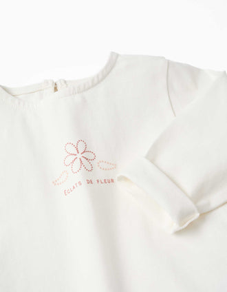 T-shirt en coton à manches longues et ourlet volanté pour bébé fille, blanc