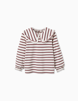 Camiseta de manga larga a rayas para niña, blanco/rosa/marrón/azul