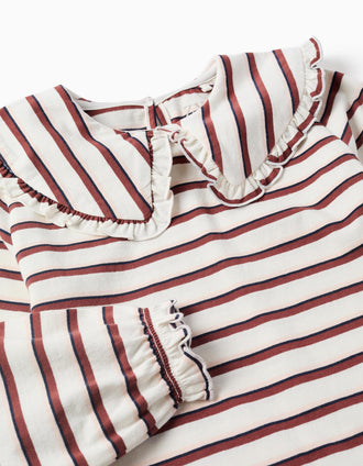 Camiseta de manga larga a rayas para niña, blanco/rosa/marrón/azul
