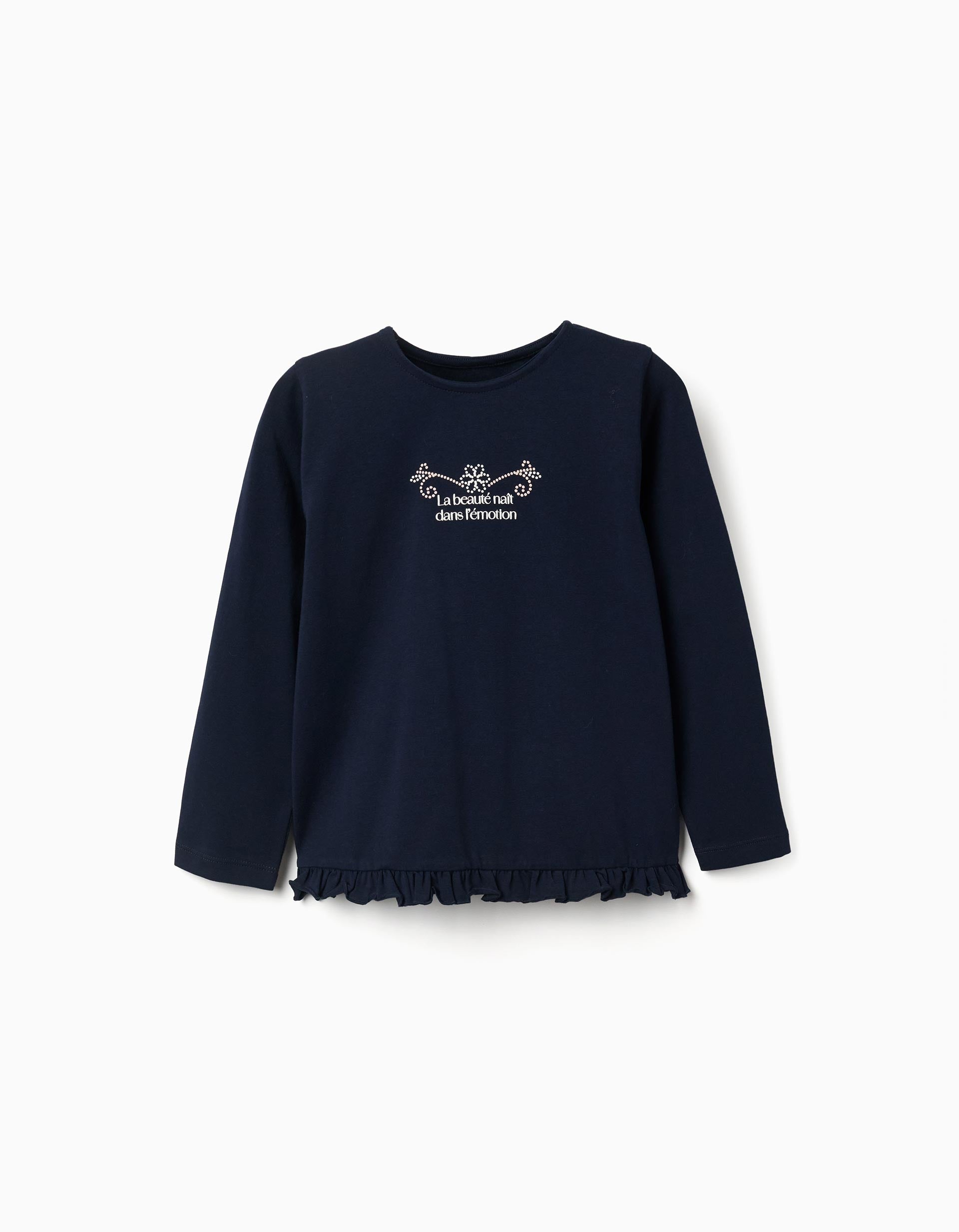 T-shirt en coton à manches longues et à ourlet volanté pour fille, bleu