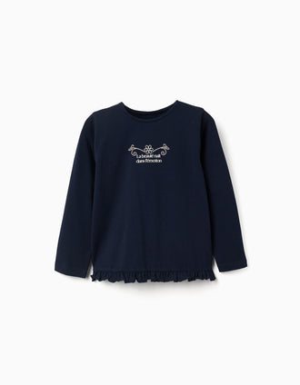 T-shirt en coton à manches longues et à ourlet volanté pour fille, bleu