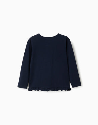 T-shirt en coton à manches longues et à ourlet volanté pour fille, bleu