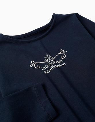 T-shirt en coton à manches longues et à ourlet volanté pour fille, bleu