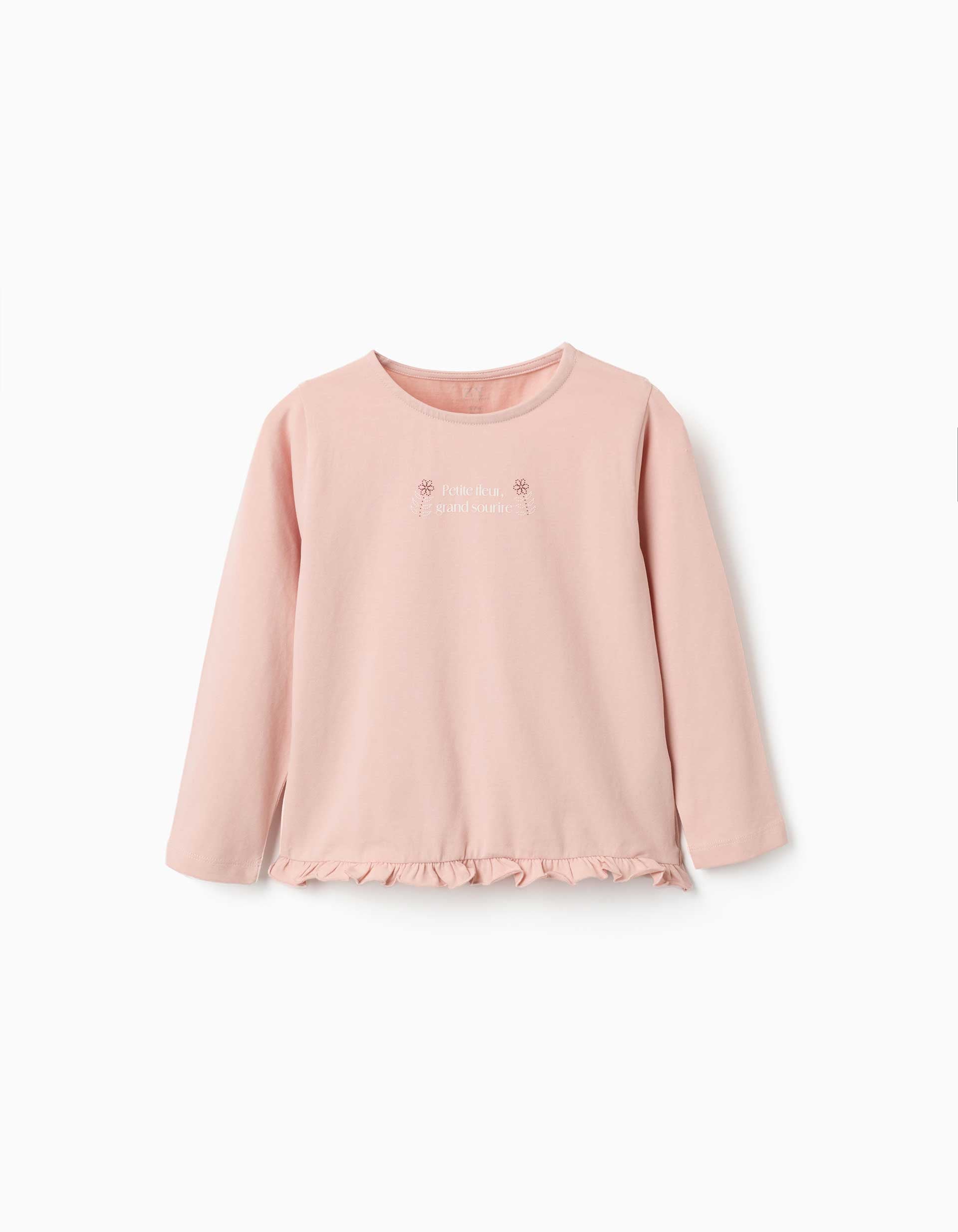 Camiseta de manga larga con estampado y volantes para niña, rosa