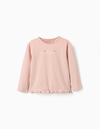 Camiseta de manga larga con estampado y volantes para niña, rosa