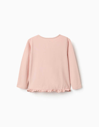 Camiseta de manga larga con estampado y volantes para niña, rosa