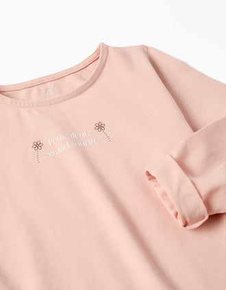 Camiseta de manga larga con estampado y volantes para niña, rosa