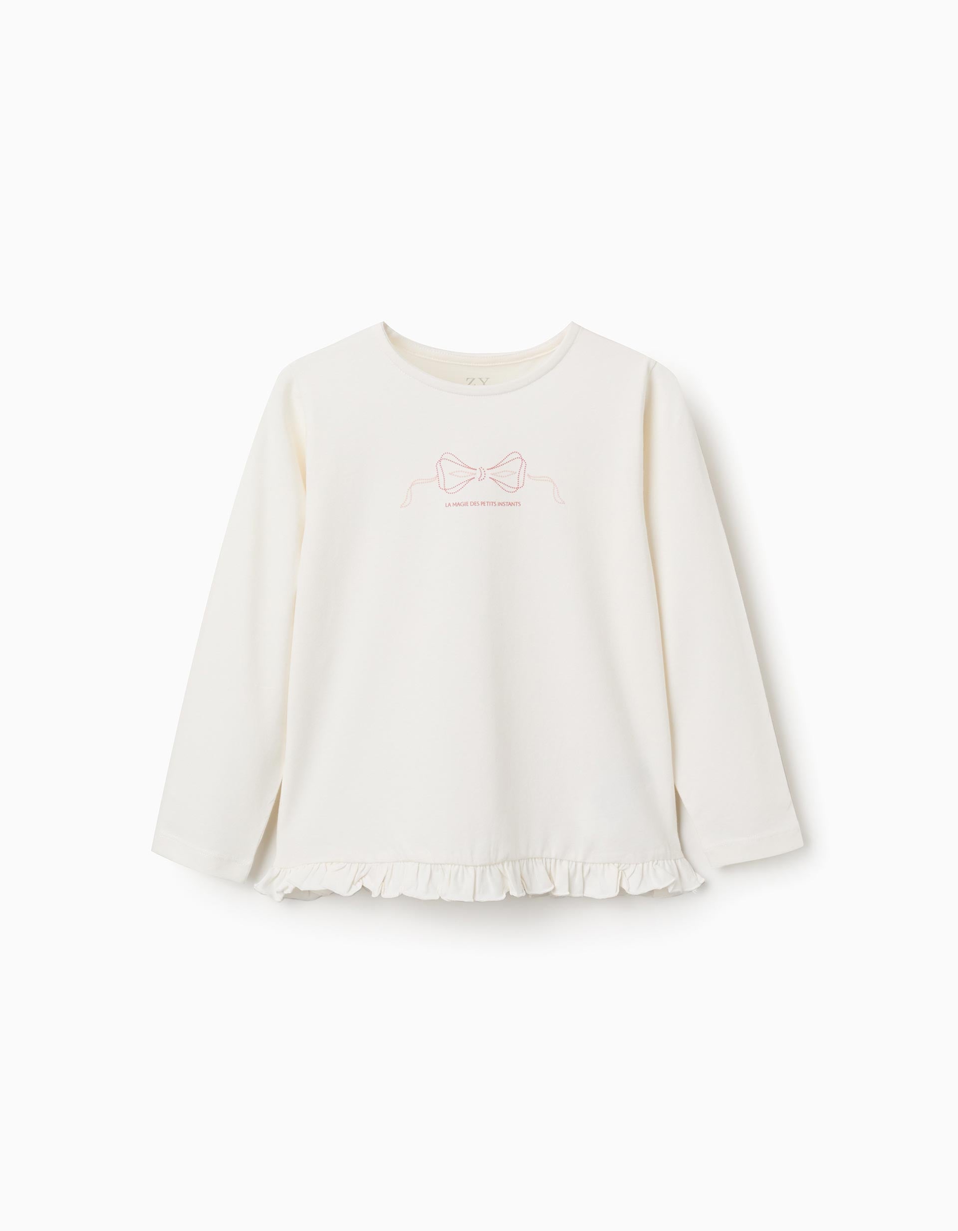 T-shirt en coton à manches longues et à ourlet volanté pour fille, blanc