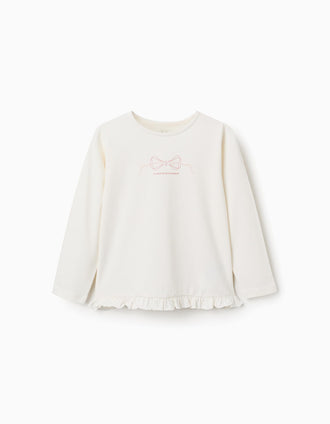 T-shirt en coton à manches longues et à ourlet volanté pour fille, blanc
