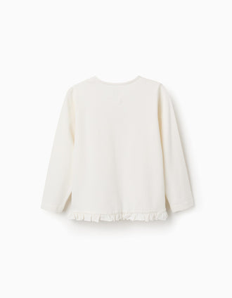 T-shirt en coton à manches longues et à ourlet volanté pour fille, blanc