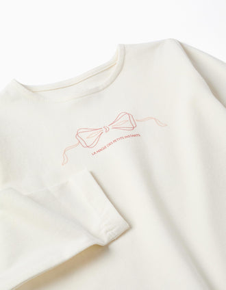 T-shirt en coton à manches longues et à ourlet volanté pour fille, blanc