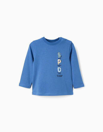 T-shirt de manga comprida com letras estampadas para bebé menino, azul