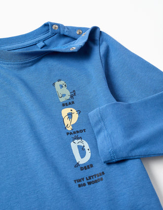 T-shirt de manga comprida com letras estampadas para bebé menino, azul