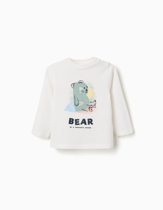 T-shirt de manga comprida com urso estampado para bebé menino, branco