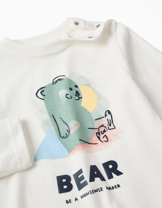 T-shirt de manga comprida com urso estampado para bebé menino, branco
