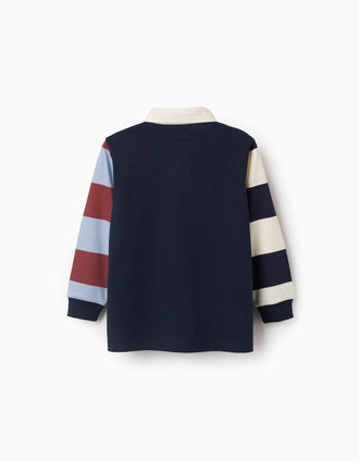 Long sleeve cotton polo shirt with stripes for boys, blue/beige/brown