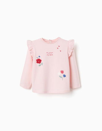 T-shirt de manga comprida com estampado de flores para bebé menina, rosa