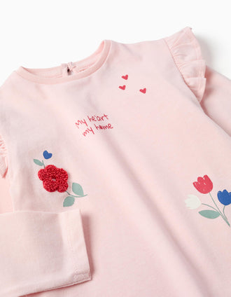 T-shirt de manga comprida com estampado de flores para bebé menina, rosa