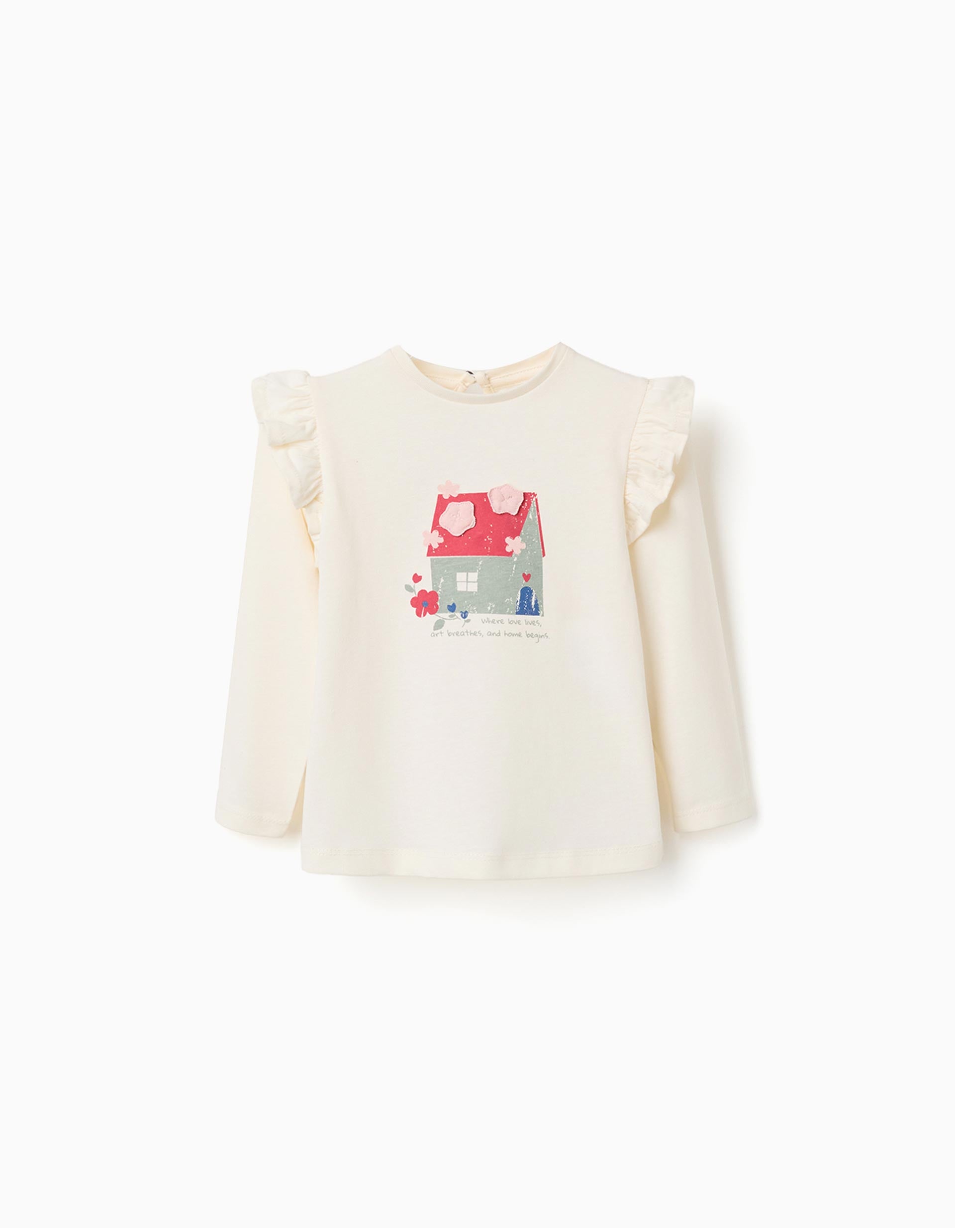Long sleeve cotton T-shirt with house print for baby girls, white