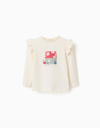 Long sleeve cotton T-shirt with house print for baby girls, white